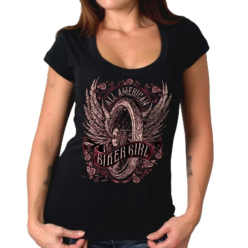 Elegant And Casual Hot Leathers GLC1518 Women's Black All American Biker Girl Scoop Neck Printed T-Shirt