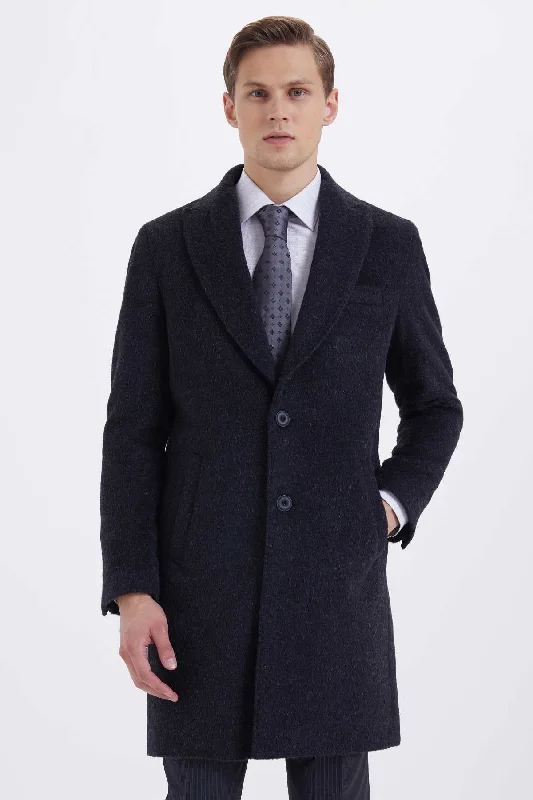 Elegant Temperament Slim Fit Cachet Wool Blend Charcoal Overcoat, Charcoal