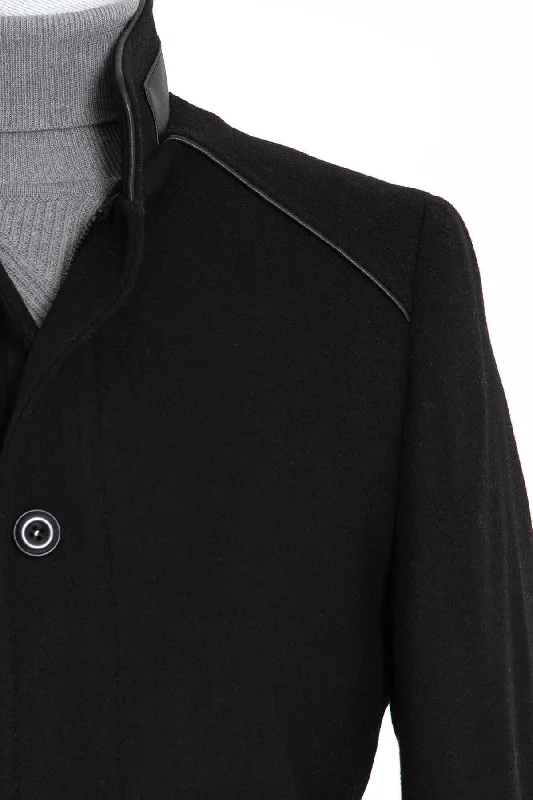 Soft Fabric Looks Slim Fit Notch Lapel Wool Navy Overcoat, Black