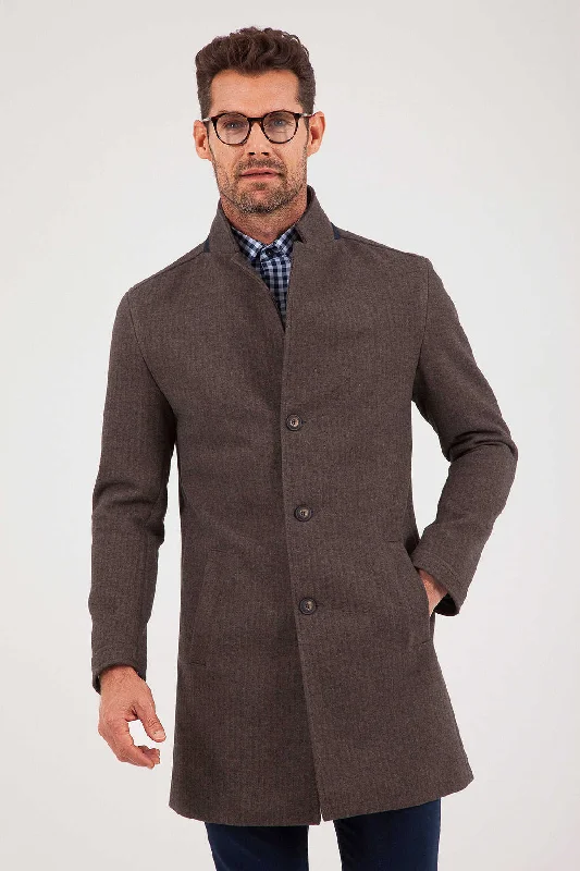 Relaxed Jackets Slim Fit Notch Lapel Cotton Blend Brown Overcoat, Brown Herringbone