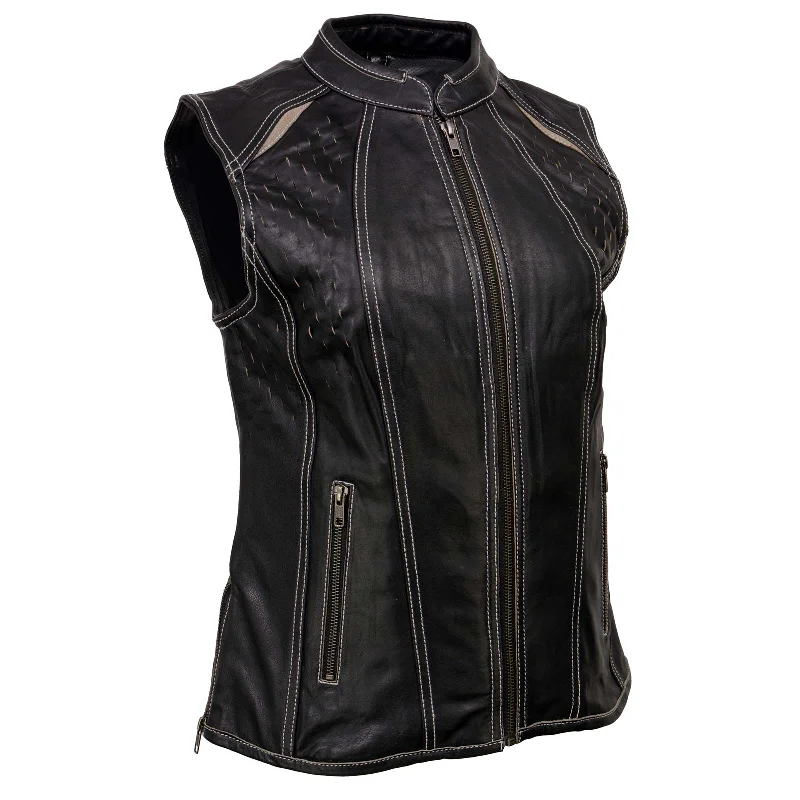 Classic Style Milwaukee Leather MLL4507 Women's Black Leather Grey Accented Laser Cut Vented Scuba Style Motorcycle Rider Vest Classic Style Milwaukee Leather MLL4507 Women's Black Leather Grey Accented Laser Cut Vented Scuba Style Motorcycle Rider Vest