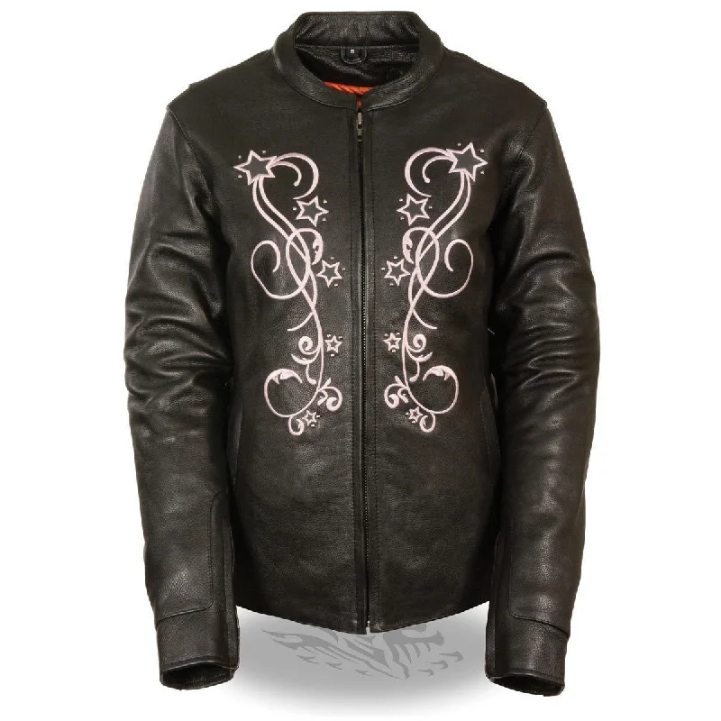 Body Design Milwaukee Leather ML2500 Women's Reflective Star Riveted Black/Pink Leather Jacket