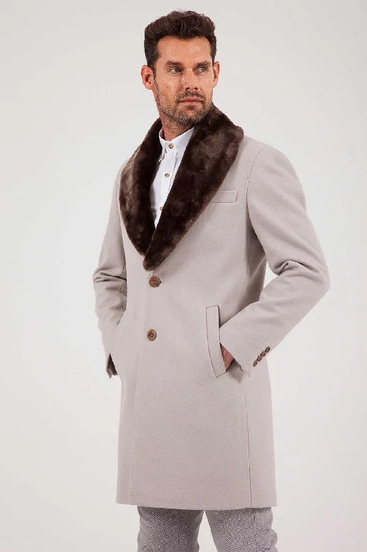Retro Fashion Slim Fit Notch Lapel Wool Light Beige Overcoat, Light Beige