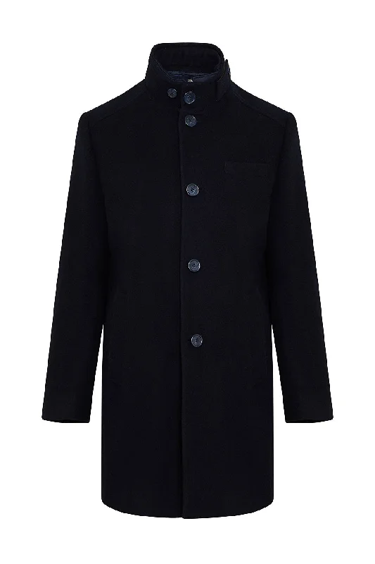 Trends Slim Fit Hidden Zipper Stand Collar Navy Wool Blend Overcoat