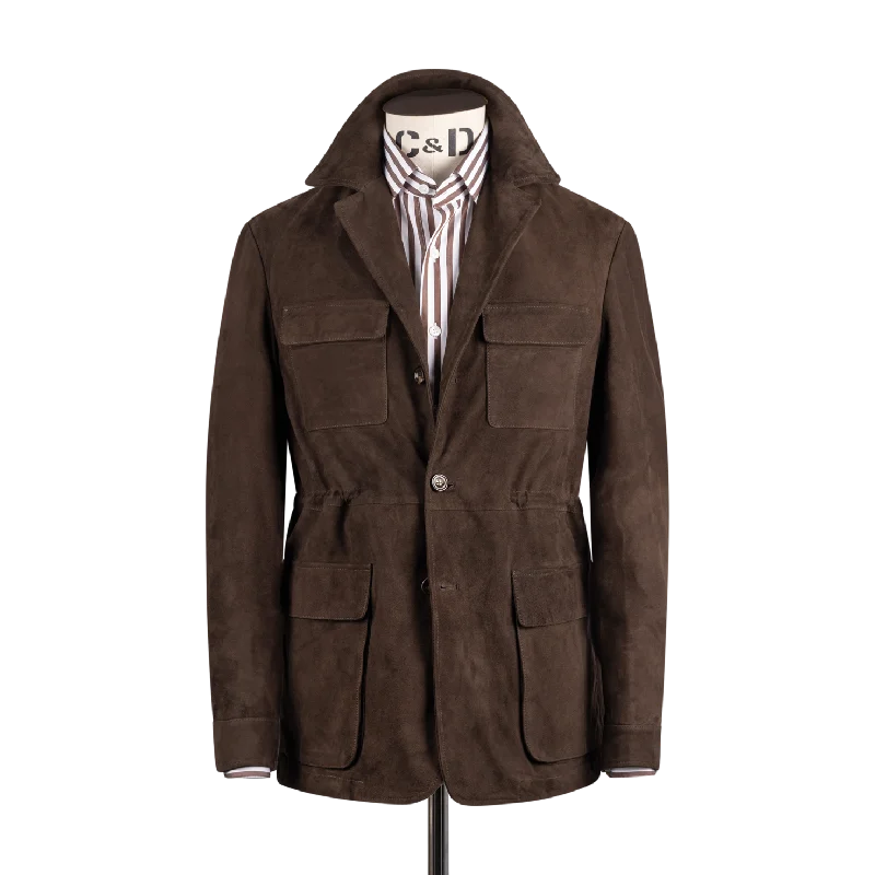 Tropical Style Safari Jacket in Chocolate Brown Suede