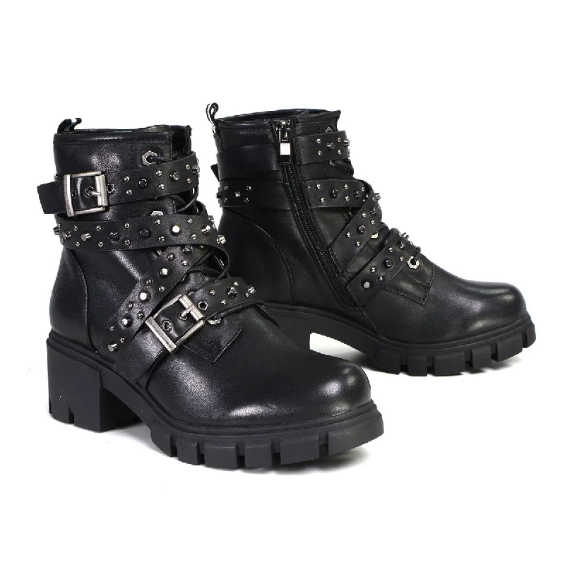 Easy Style Milwaukee Leather Women's Bruiser Premium Black Lace-Up Fashion Boots w/ Studded Straps MBL9444 Easy Style Milwaukee Leather Women's Bruiser Premium Black Lace-Up Fashion Boots w/ Studded Straps MBL9444