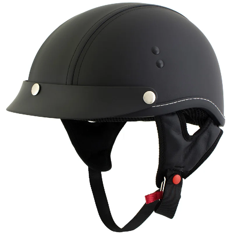 Breezy Outfits Outlaw T70 'Dark Rider' Advance DOT Black Leather Like Half Helmet with Snap Visor