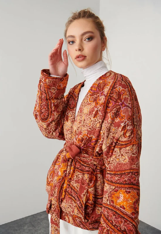 Retro Prints Multicolored Short Kimono With Belt