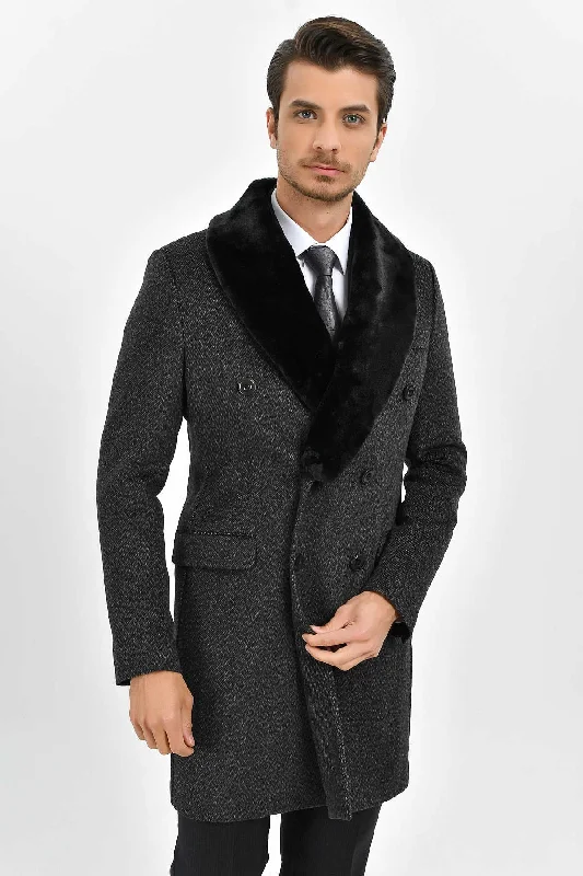 Simple Comfort Slim Fit Cachet Double Breasted Charcoal Wool Blend Overcoat