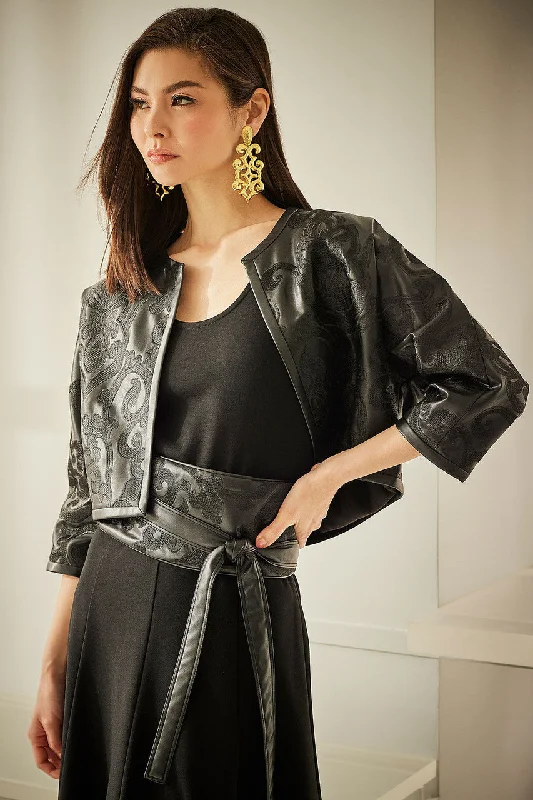 Fashion Concept Leticia Embroidered Faux Leather Cropped Jacket