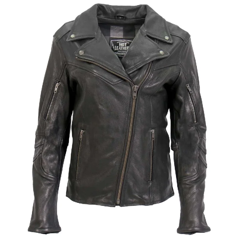 French Retro Hot Leathers JKL1034 Ladies Black Leather MC Jacket with Plaid Flannel Lining French Retro Hot Leathers JKL1034 Ladies Black Leather MC Jacket with Plaid Flannel Lining