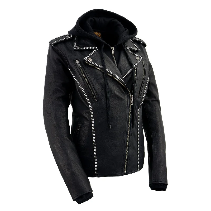 Moisture wicking Milwaukee Leather MLL2503 Women's Black 'Bedazzled' Leather Moto Jacket with Hoodie Moisture wicking Milwaukee Leather MLL2503 Women's Black 'Bedazzled' Leather Moto Jacket with Hoodie