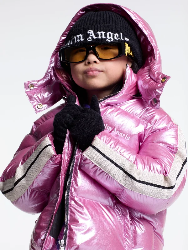 Relaxed Chic Palm Angels Girls Shiny Track Hooded Puffer Jacket in Pink