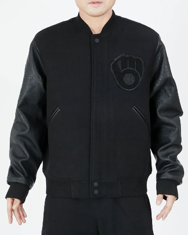 Warm Chic MLB MILWAUKEE BREWERS TRIPLE BLACK WOOL MEN'S VARSITY JACKET (TRIPLE BLACK)