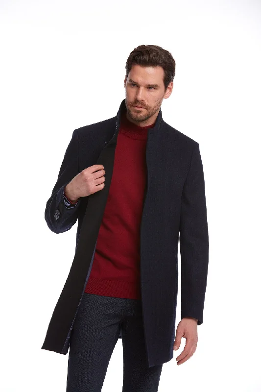 Stylish Ease Slim Fit Cachet Stand Collar Navy Wool Blend Overcoat