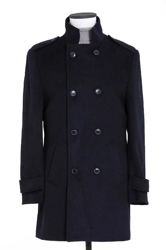 Versatile Itinerary Regular Fit Cachet Double Breasted Wool Blend Navy Overcoat
