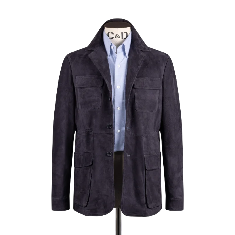 Minimal Classic Safari Jacket in Navy Blue Suede