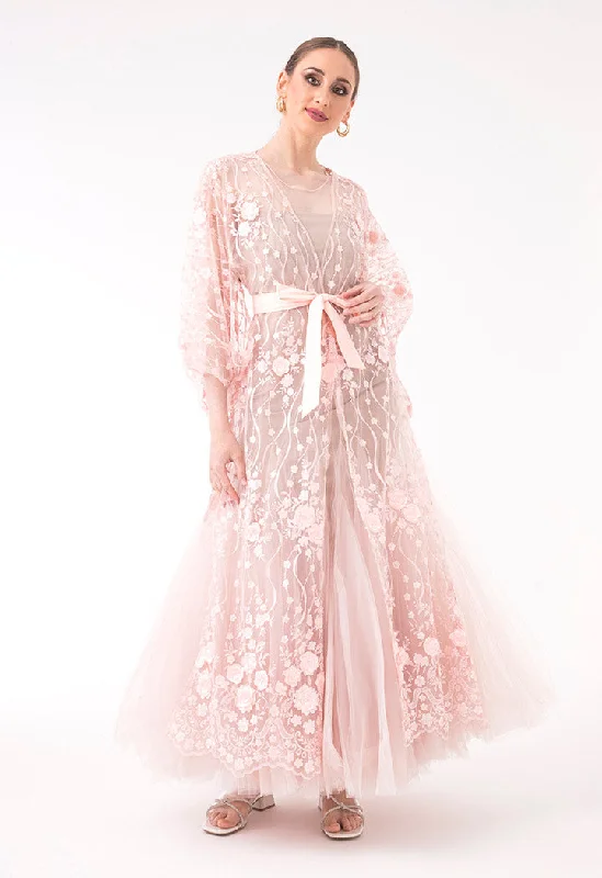 Comfortable And Casual Belted Floral Tulle Outerwear