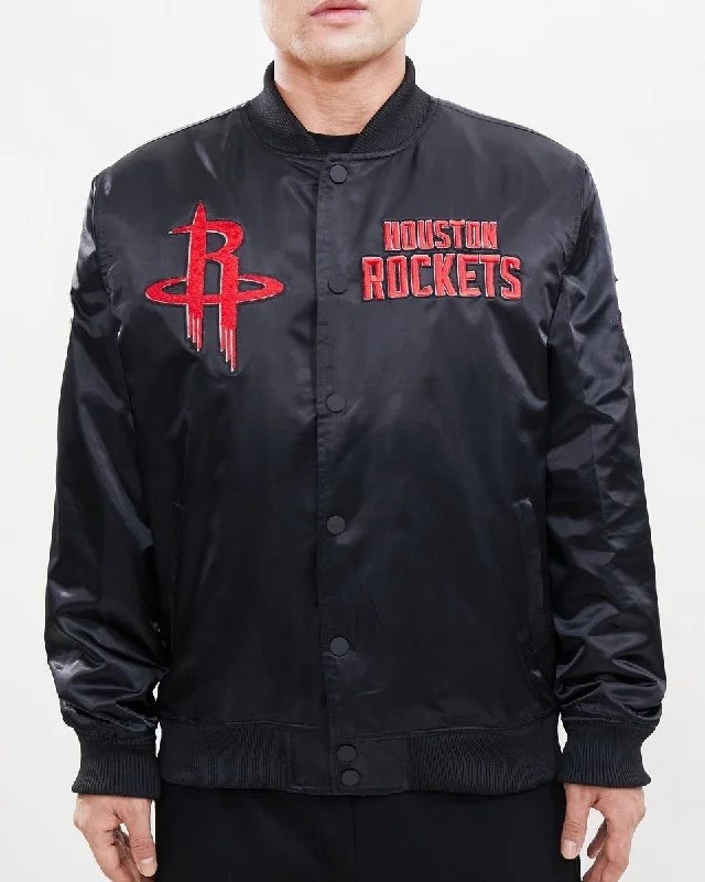 Celebrity Style NBA HOUSTON ROCKETS CHEST HIT MEN'SLOGO SATIN JACKET (BLACK)