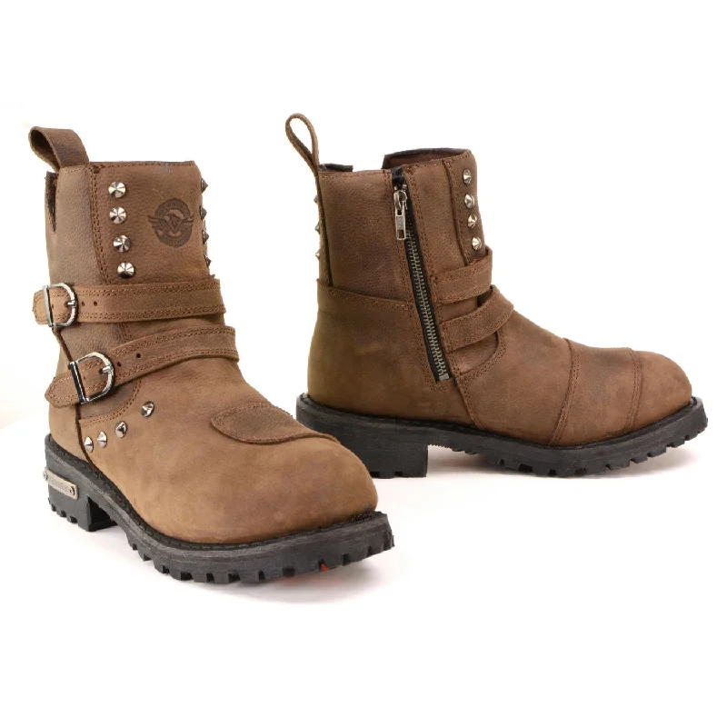 Easy Wear Chic Milwaukee Leather MBL9306 Women's Premium Brown Leather Double Strap Motorcyle Riding Boots