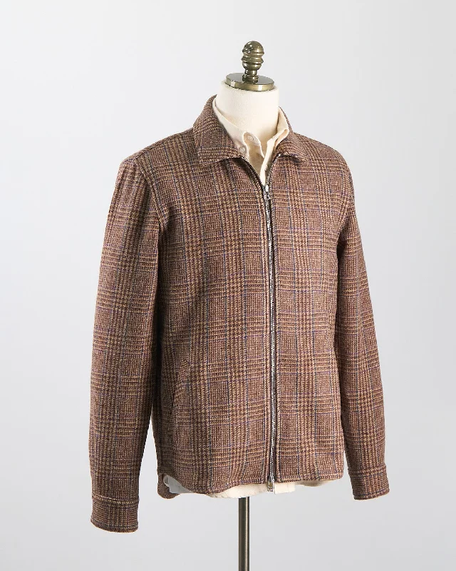 Cozy Fashion Trends Brown Houndstooth Plaid Wool Zip Overshirt