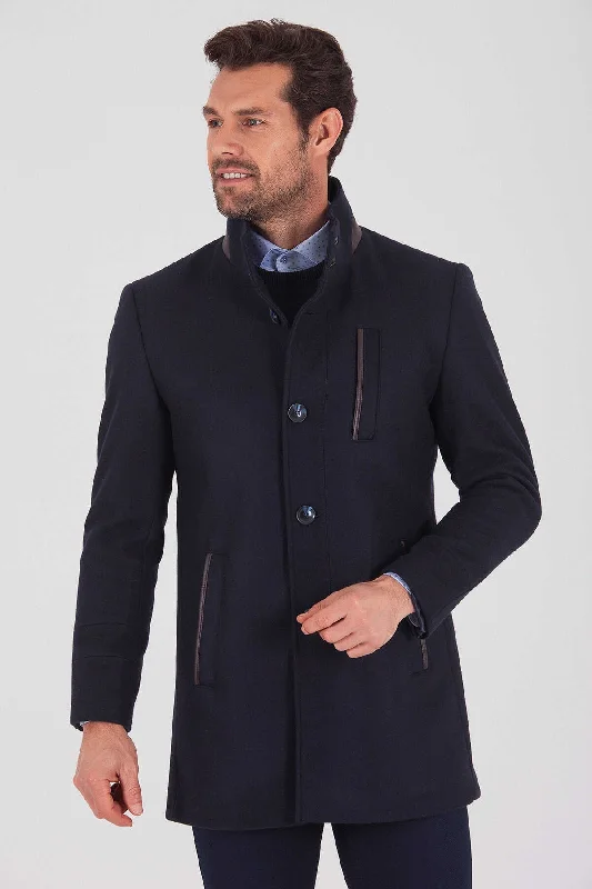 Soft Comfort Wear Slim Fit Wool Blend Funnel Stand Collar Navy Overcoat