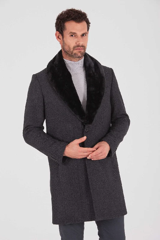Fashion Must-have Slim Fit Cachet Charcoal Herringbone Wool Blend Overcoat