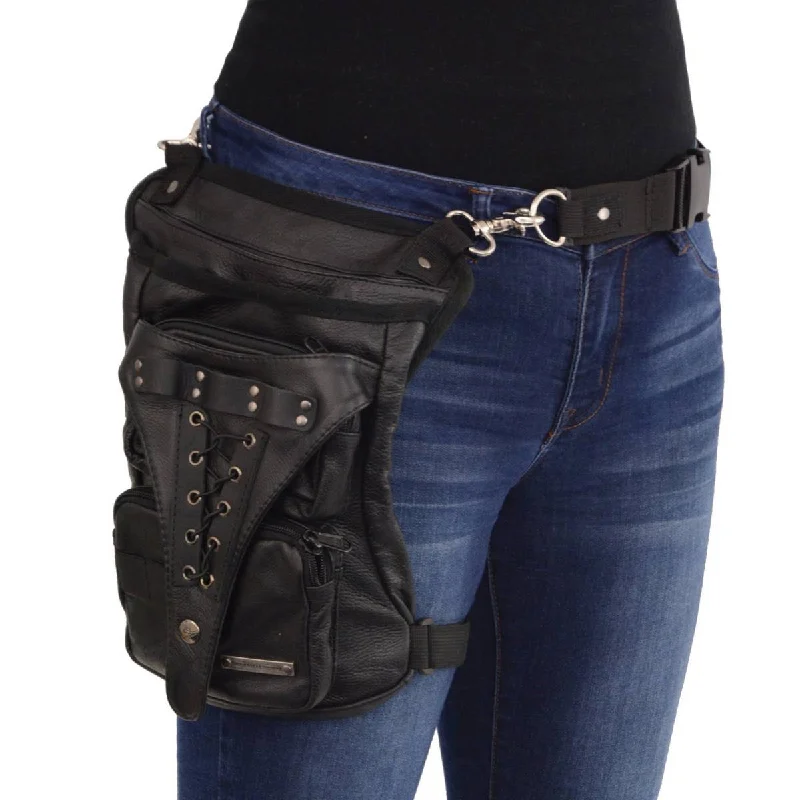 Modern City Milwaukee Leather MP8885 Ladies Black Conceal and Carry Black Leather Thigh Bag with Waist Belt