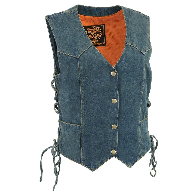 Celebrity Style Milwaukee Leather MDL4001 Women's Blue Side Lace 4 Snap Front Denim Vest