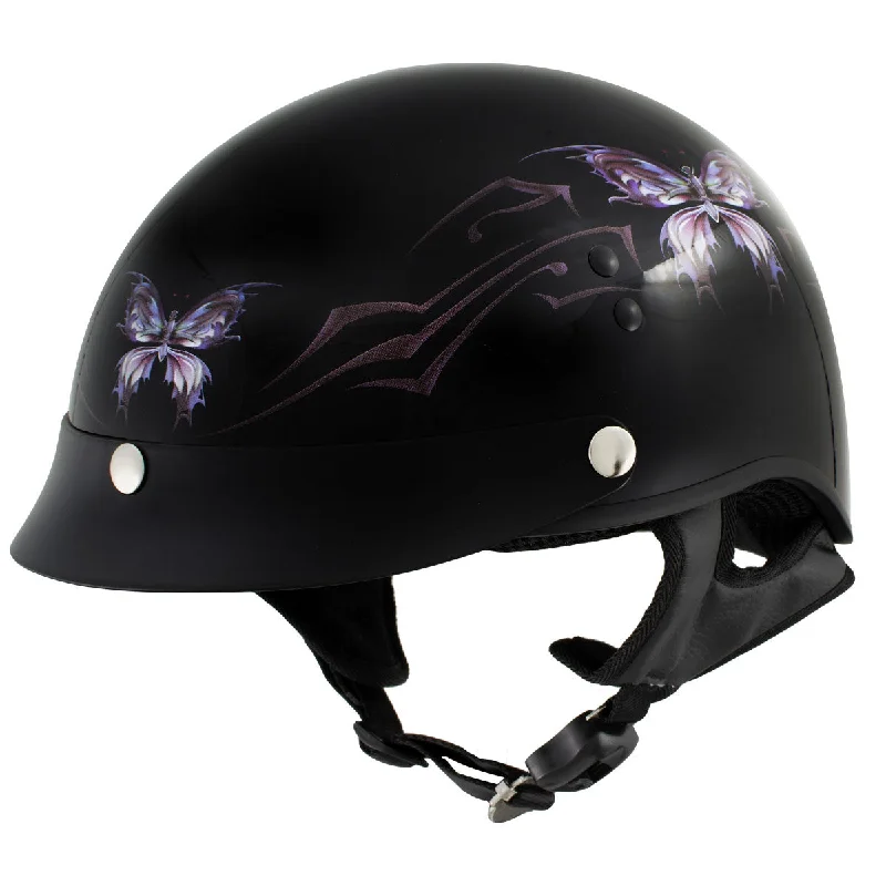 Advanced Customization Outlaw T70 'Purple Butterfly' Advanced DOT Glossy Black Motorcycle Half Helmet