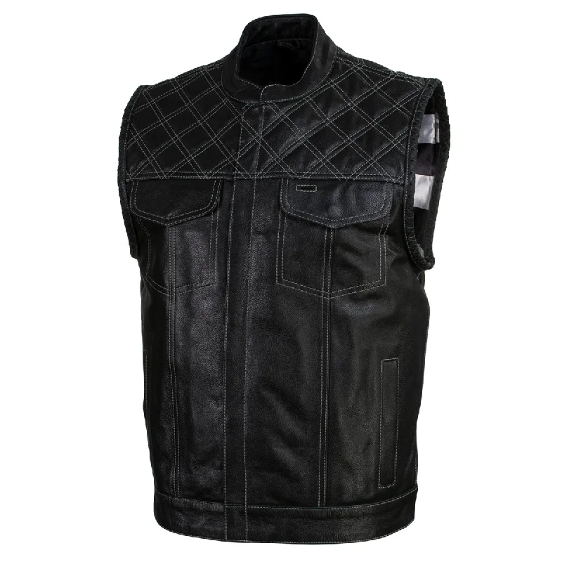 Comfortable Design Xelement Men's Black Leather Motorcycle Vest Stars and Stripes Design with USA Flag Liner XS13003