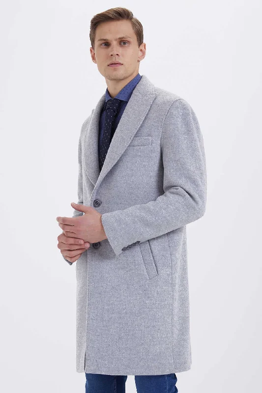 British Fashion Slim Fit Notch Lapel Viloino Wool Light Gray Overcoat, Light Gray 7