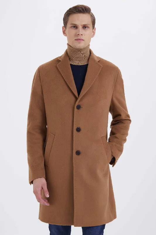 Comfortable Tops Slim Fit Cachet Notch Lapel Camel Wool Blend Overcoat