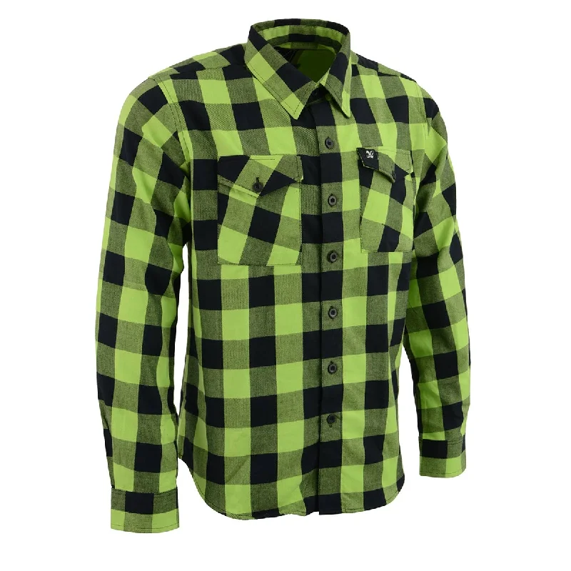Playful Style Milwaukee Leather Men's Flannel Plaid Shirt Black and Neon Green Long Sleeve Cotton Button Down Shirt MNG11632