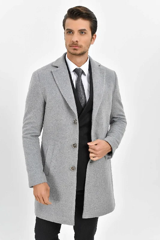Soft Casuals Slim Fit Notch Lapel Cashmere Gray Overcoat, Gray