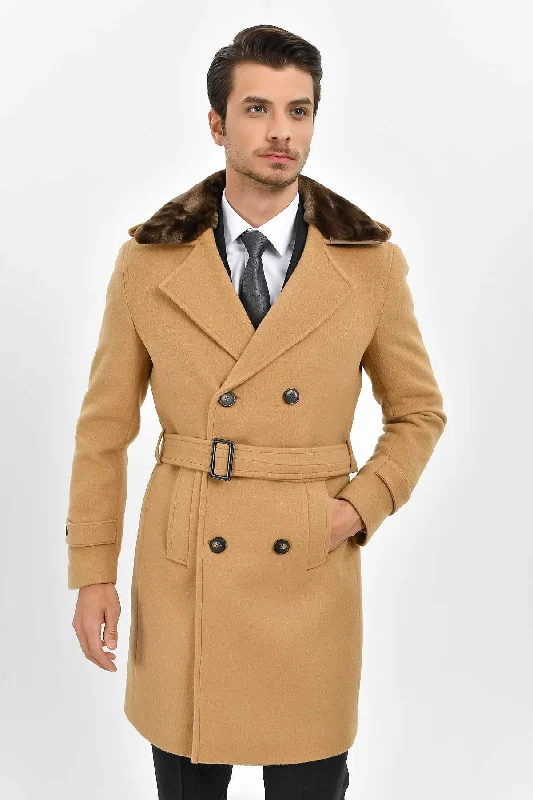 Chic Outfits Slim Fit Cachet Double Breasted Camel Wool Blend Overcoat