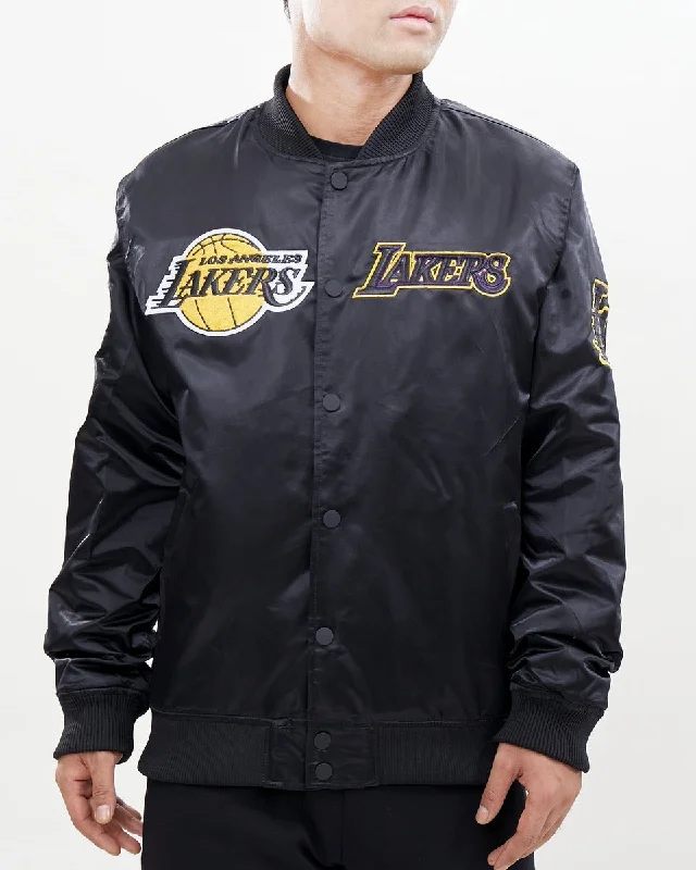 Cozy Lounge Wear NBA LOS ANGELES LAKERS CHEST HIT MEN'SLOGO SATIN JACKET (BLACK)