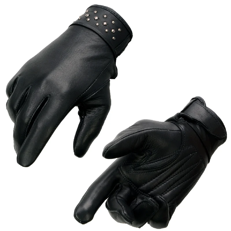 Elegant Fit Milwaukee Leather MG7760 Women's Black Leather Gel Palm Lightweight Motorcycle Hand Gloves W/ Stylish ‘Wrist Detailing’