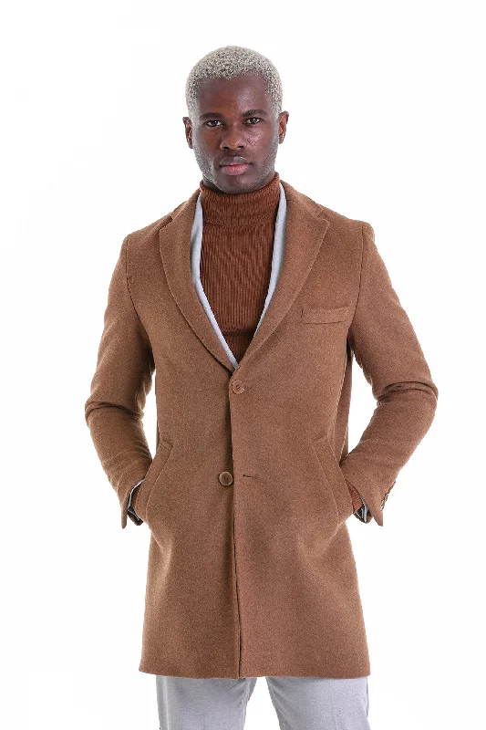 Economic Outlook Slim Fit Cachet Notch Lapel Tobacco Wool Blend Overcoat
