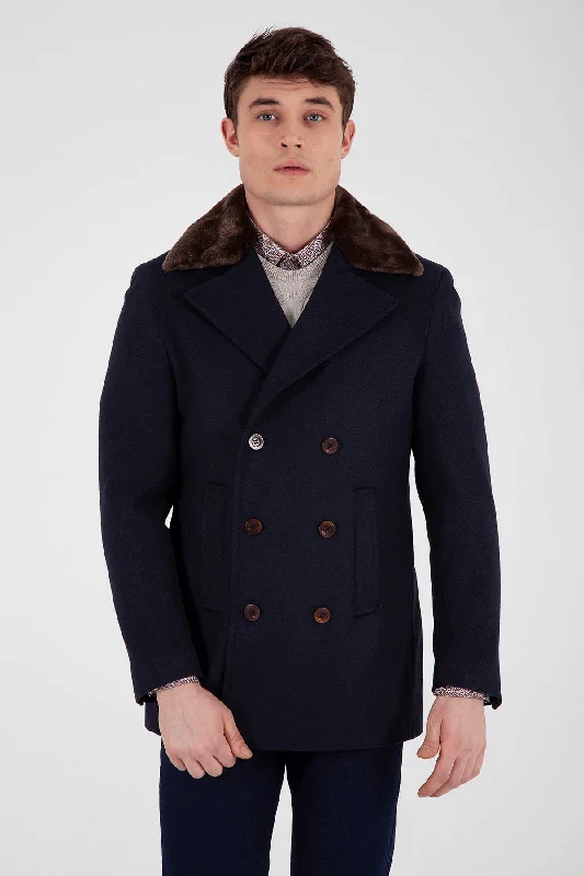 Chic Outfits Slim Fit Notch Lapel Wool Blend Navy Overcoat, Navy