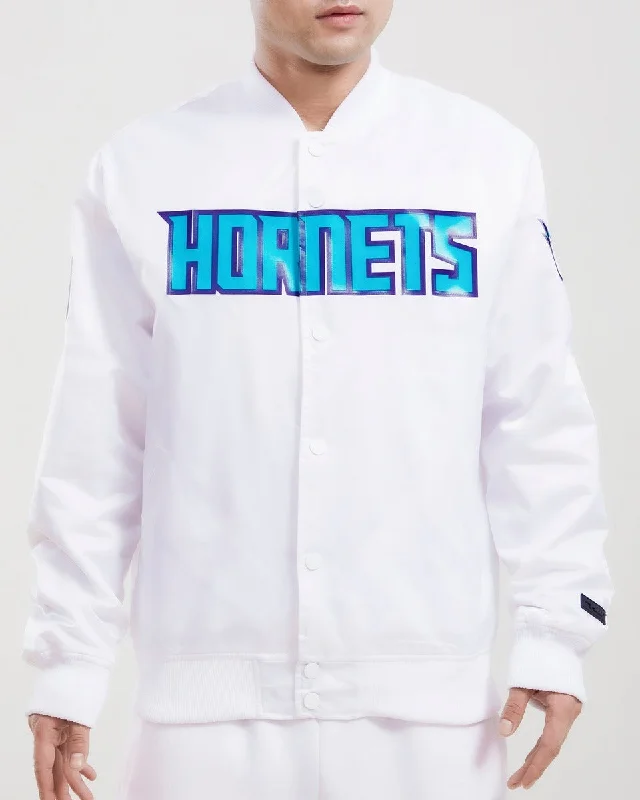 Feminine Charm NBA CHARLOTTE HORNETS TEAM BIG LOGO MEN'S SATIN JACKET (WHITE)