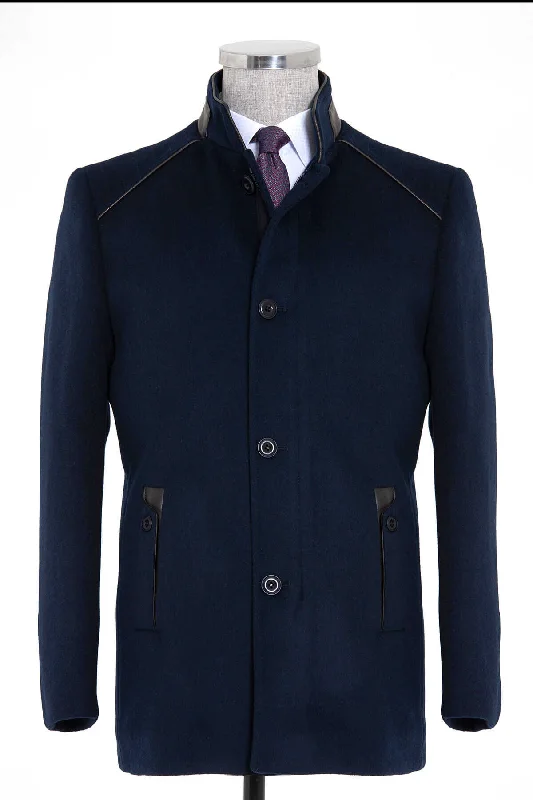 Moisture wicking Slim Fit Notch Lapel Wool Navy Overcoat, Navy