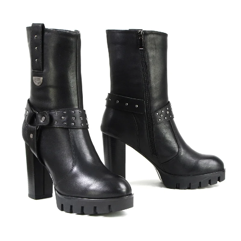 Soft Comfort Wear Milwaukee Leather MBL9303 Women's Classic Black Leather Casual Fashion Boots with Block Heel
