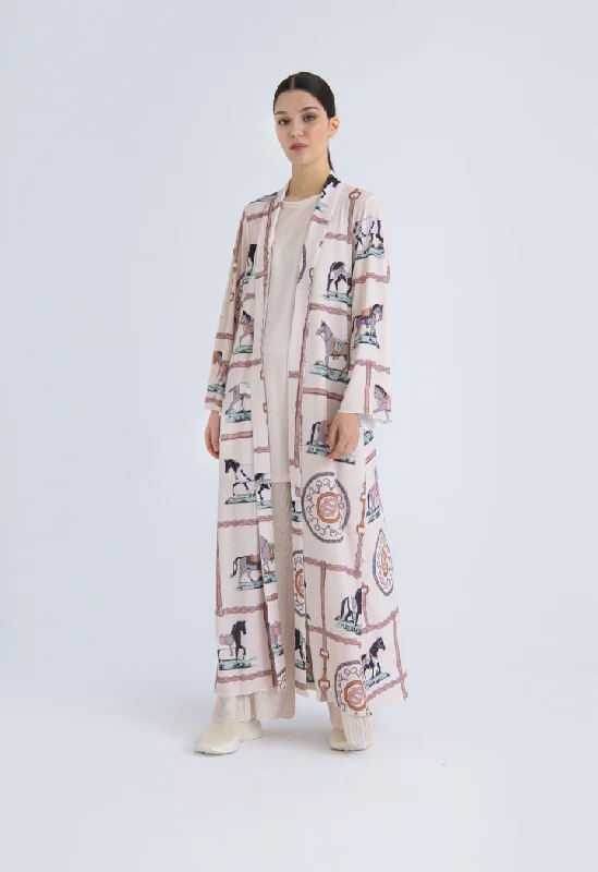 Minimal Style Printed Knit Open Front Drape Abaya