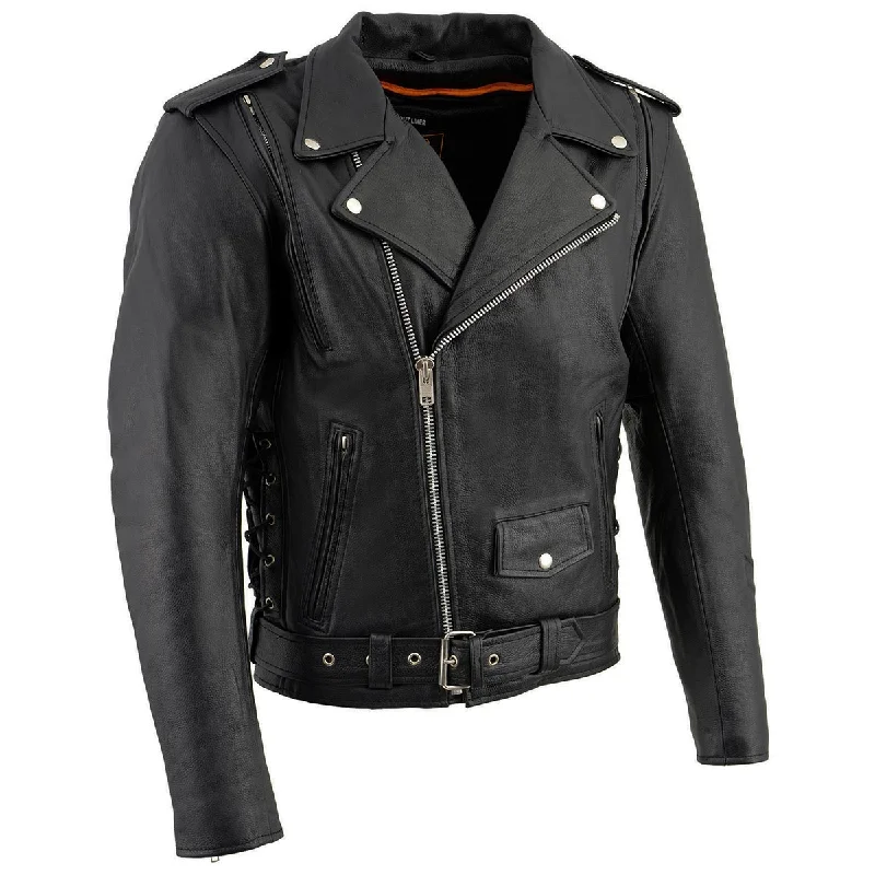Loose Fit Milwaukee Leather LKM1775 Men's Black Leather Vintage Brando Style Motorcycle Riders Jacket with Side Laces Loose Fit Milwaukee Leather LKM1775 Men's Black Leather Vintage Brando Style Motorcycle Riders Jacket with Side Laces