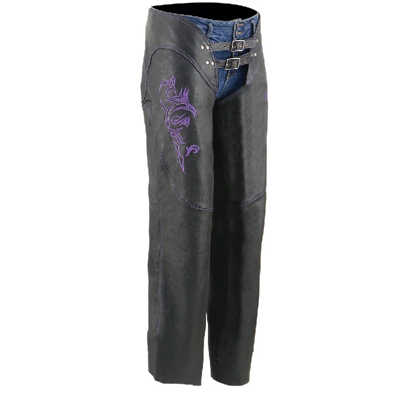 Sports Style Milwaukee Leather Chaps for Women Black and Purple Low-Rise Waist- Double Buckle Reflective Embroidery Motorcycle Chap- ML1187 Sports Style Milwaukee Leather Chaps for Women Black and Purple Low-Rise Waist- Double Buckle Reflective Embroidery Motorcycle Chap- ML1187