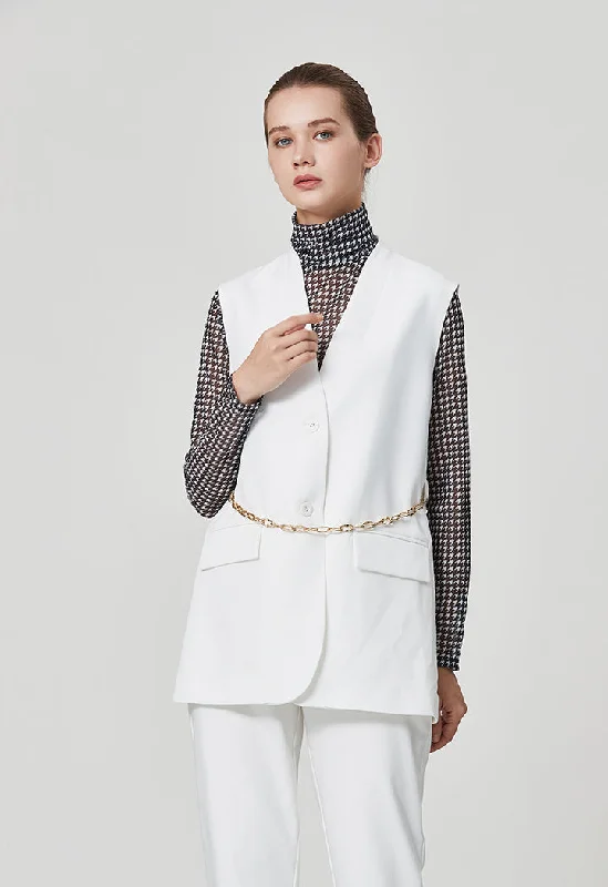 Loose Fit Solid Blazer With Chain Belt