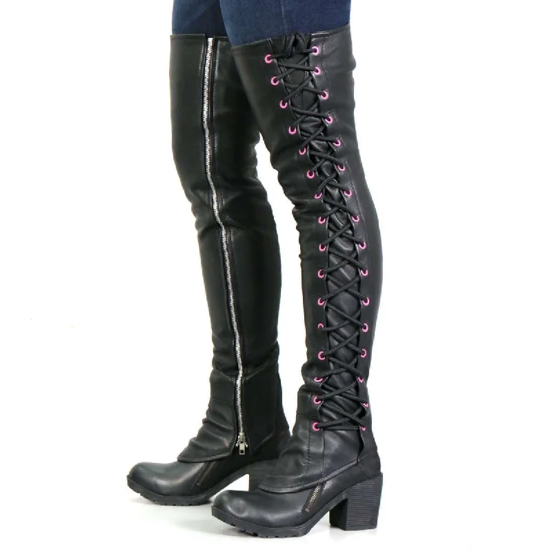 Carefree Hot Leathers LCU1005 Ladies Black Lambskin Leather Leggings with Pink Side Lace Carefree Hot Leathers LCU1005 Ladies Black Lambskin Leather Leggings with Pink Side Lace