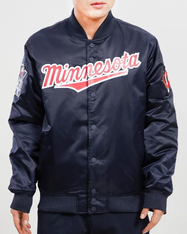 Cozy Footwear MLB MINNESOTA TWINS TEAM BIG LOGO MEN'S SATIN JACKET (MIDNIGHT NAVY)
