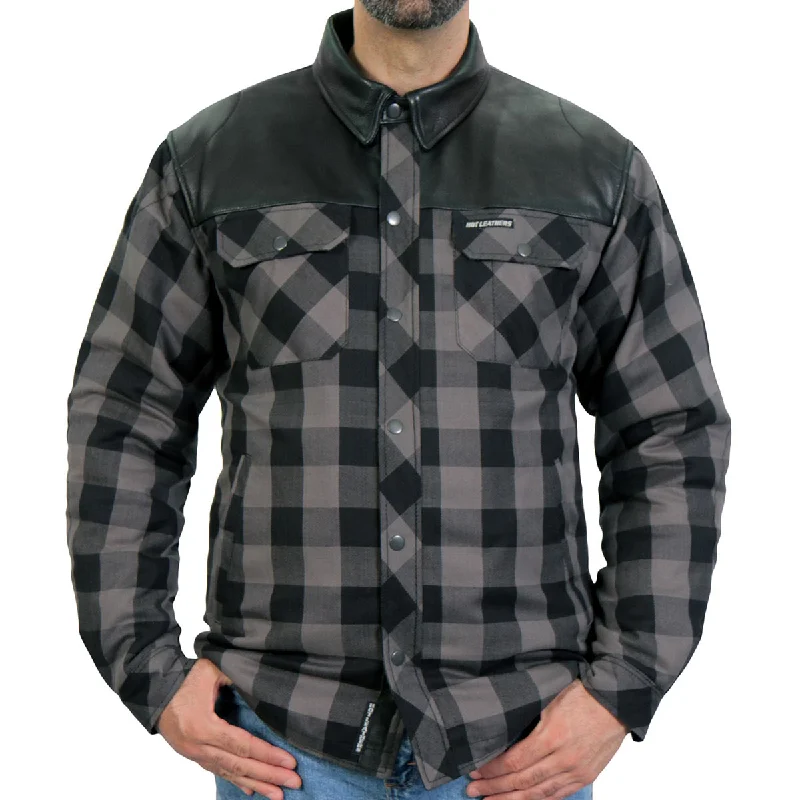 Cozy Fashion Hot Leathers JKM3203 Men's Grey and Black Kevlar Reinforced Leather and Plaid Flannel Shirt